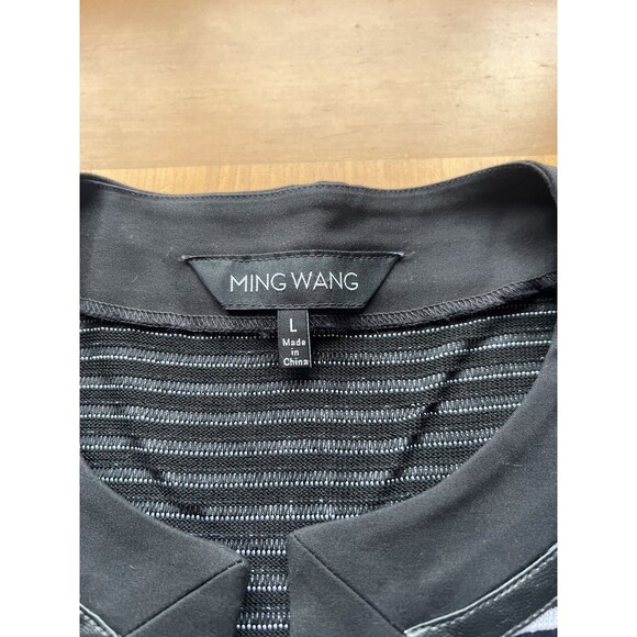 MING WANG Open Front Cardigan Jacket, Faux Leather Trim, Black White, Large - Picture 3 of 5